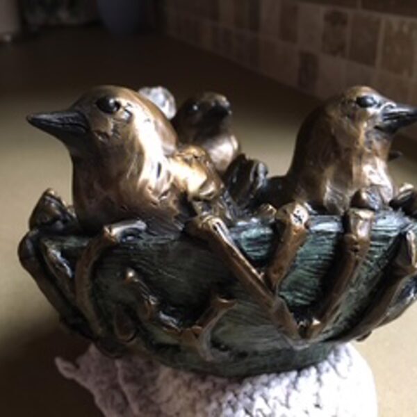 4.5"h X 7"w X 7"d.  Available.  $2,200.  Five Wrens In A Nest. — JG Art Gallery