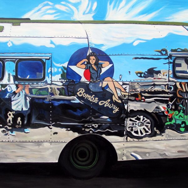 Homemade Trailer and Bomb Riding Pin Up by Taralee Guild — Acrylic on Airstream Trailer — JG Art Gallery