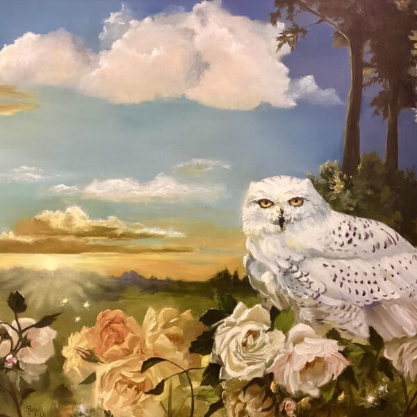 Owl and Roses by Raenell Doyle — Oil on Canvas — JG Art Gallery
