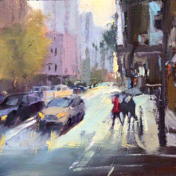 Rainy Day on First Avenue by Jane Wallis — Oil on Canvas — JG Art Gallery