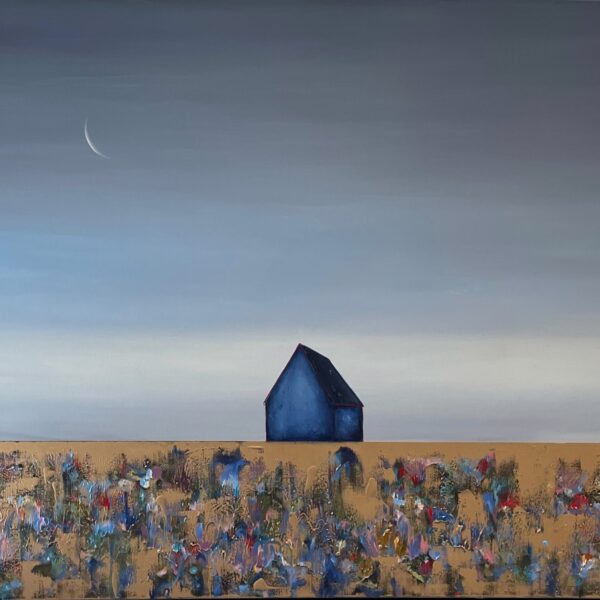 In Golden Fields Blue Barn Crescent Moon by Marketa Sivek — Oil on Canvas — JG Art Gallery